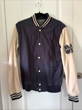 21men Navy and Cream Letterman Bomber Jacket